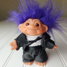 Vintage Troll Doll 1986 DAM Groom Prom Black Suit Bow Tie Purple Hair Wide Nose