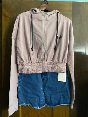 NWT Missguided x Barbie Petite Blue Denim Logo Skirt & Hooded Jacket O Ring Pull
