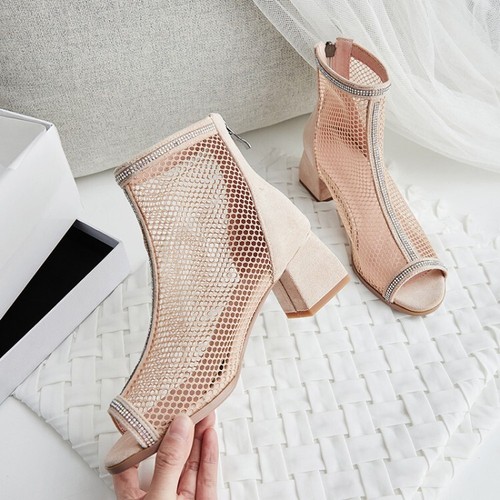 Womens Block Mid Heel Peep Toe Sandals 