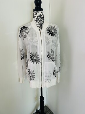 Barbara Lesser Women s White Floral Printed Lightweight Full Zip Bomber Jacket 