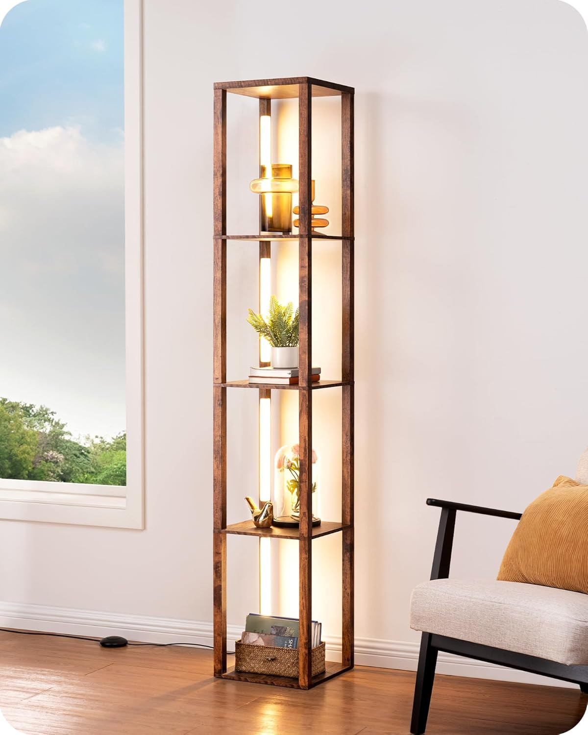 Lampada da Terra Soggiorno con Ripiani in Legno, 3 Temperature di Colore, Dimmer