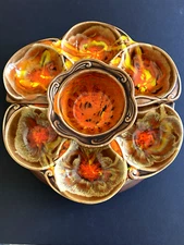 Vtg 70's California Pottery  Drip Glaze Relish/ Dip  Set with Lazy Susan Tray
