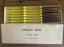Hamilton Beach Fondue Fork Set, Vintage, Color Tip Wooden Handle, 6 Pc Nice!