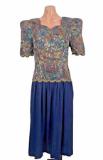 VTG 80s Prom Acetate Floral PUFFY SLEEVE Party Evening Dress Gown 10 Cottagecore