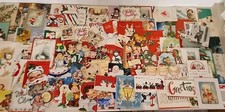 86 Vtg Christmas Cards Lg Lot B-Santa Angel Snowman Girl Word Art Carolers Bear