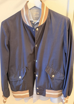 Brunello Cucinelli Blue Slim Fit Bomber Jacket Button Front Pockets IT 52