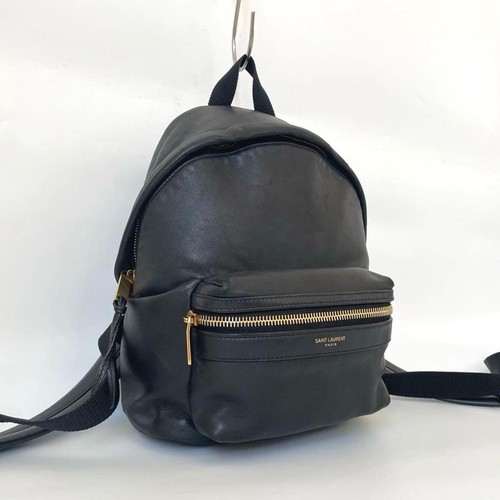 YSL Saint Laurent Backpack Bag Black Calf Leather Zip Closure Logo Women's