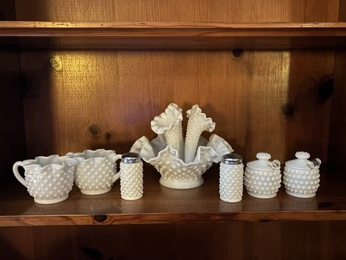 Fenton Hobnail Milk Glass Vase, Jelly Jars, Cream & Sugar Set,  Salt And Pepper