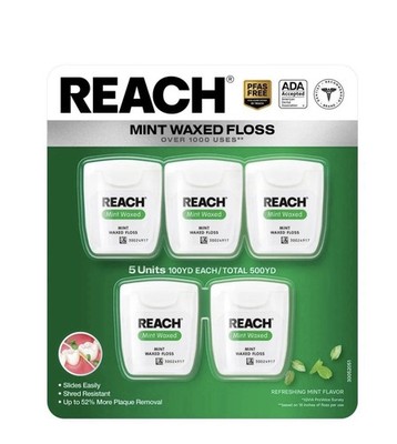 NEW Reach Mint Waxed Dental Floss, 5 Pack, 500 Yards Total