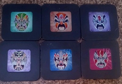 Vtg Kabuki Japanese Mask 6-Coaster Set Theater Opera Masks Reflective & Colorful