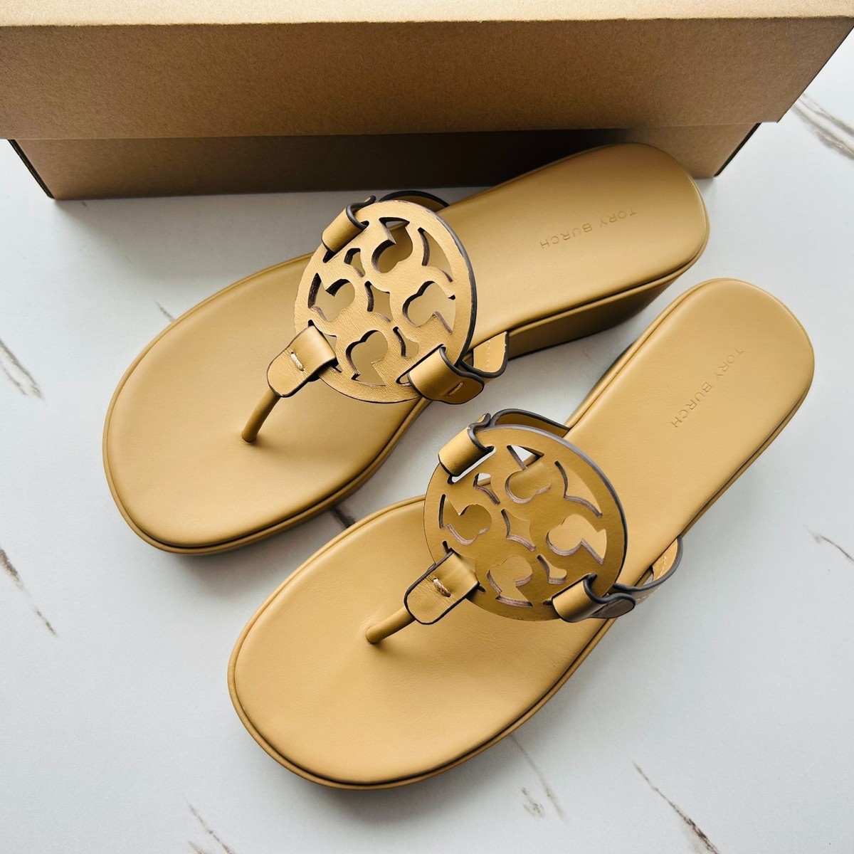 Tory Burch Miller Ginger Shortbread Leather Wedge Flip Flop
