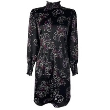 Loft Dress Women's Petite 4P Above Knee Long Sleeve Black Floral Paisley Satin