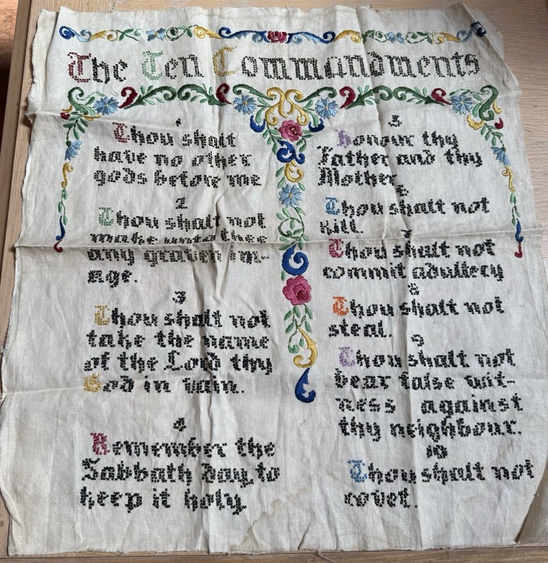 Vintage embroidery Ten Commandments sampler needlework textile 17x18
