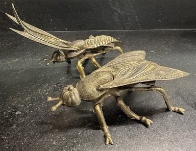 Metal Cicada Locust Insect Figurines Pair 8  Articulated Wings Decor Ashtray