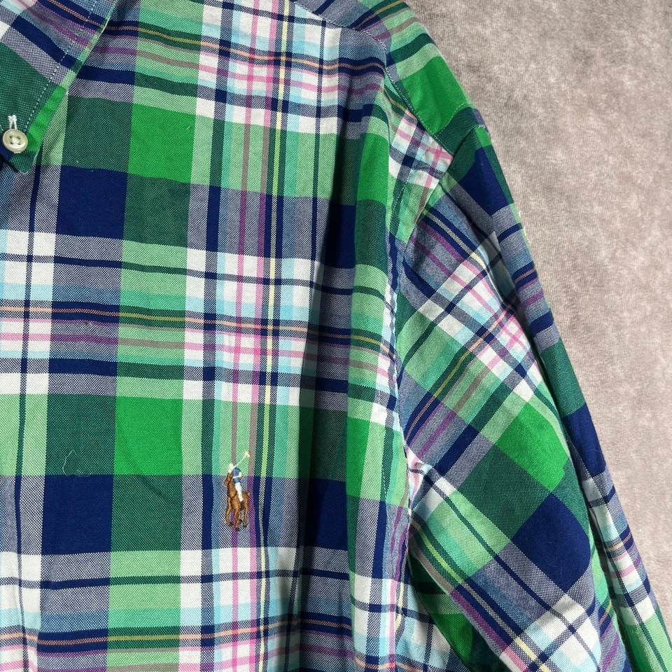Camisa de Vestir Ralph Lauren Para Hombres 2XL Verde A Cuadros Elastizada Oxford Calce Ajustado Carne Poni Foto 3 de 4
