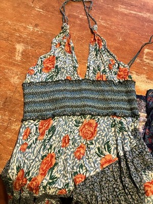 Free People Green Orange Floral V-Neck Smocked Strap Midi Sundress Womens L