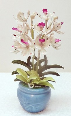 US stock 4''H Clay Handcrafted Miniature White w/Pink Lip Rhyncho Orchid in pot