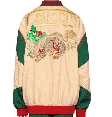 Gucci Dapper Dan Embroidered Dragon Bomber Jacket XXL Beige Green Red Logo Print