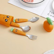 New Carrots Set Children Kids Dinnerware Stainless Steel Spoon Fork Flatware wit