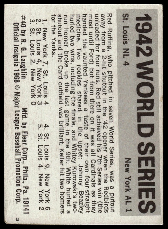 1971 Fleer World Series #40 1942 Cardinals Yankees Kurowski Beazley - Image 2 of 2