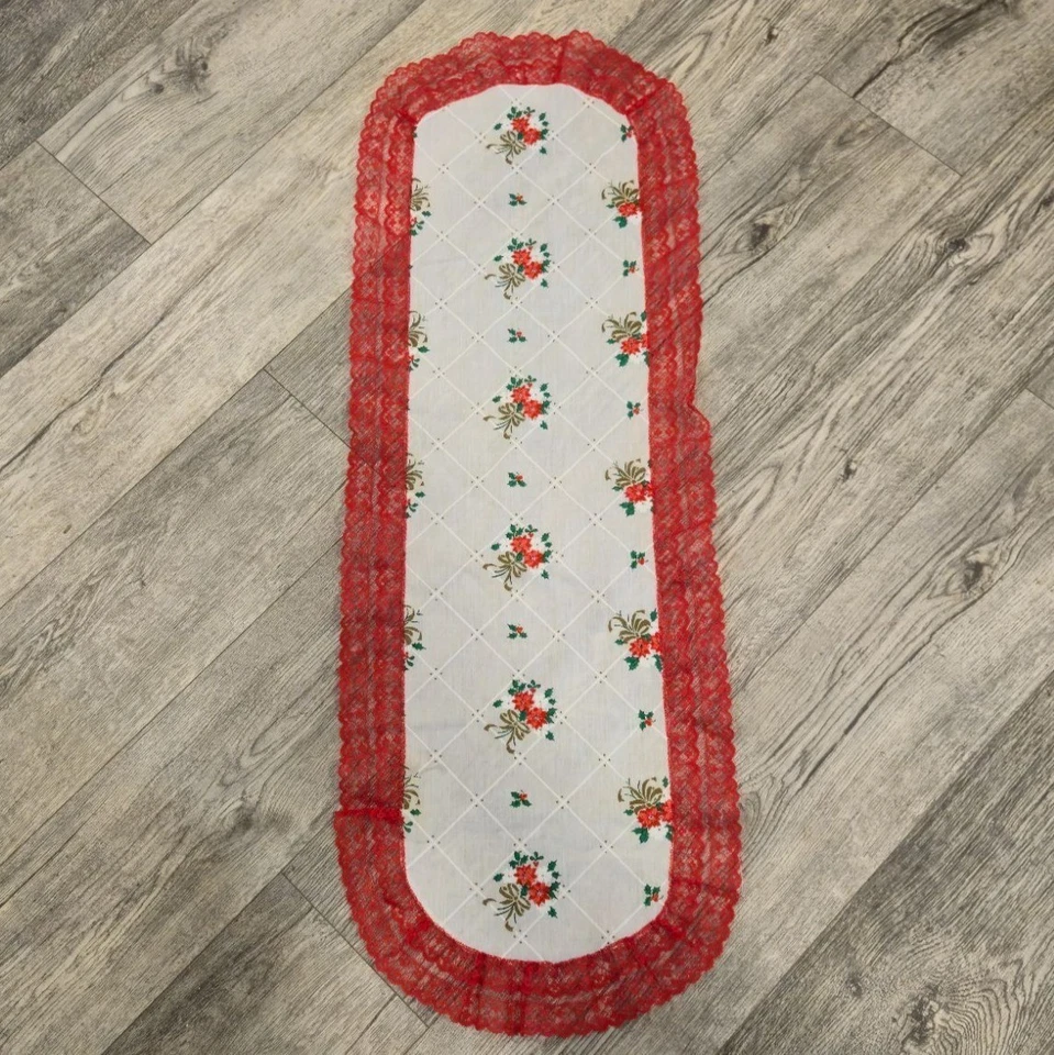 Vintage Christmas Lace Table runner Poinsettia Gold bows Handmade table decor - Image 2 of 4