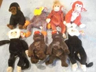 VINTAGE LOT OF 8 TY BEANIE BABY MONKEYS(CONGO,MOOCH,VALENTINE,CHEEKS,BANANAS++)