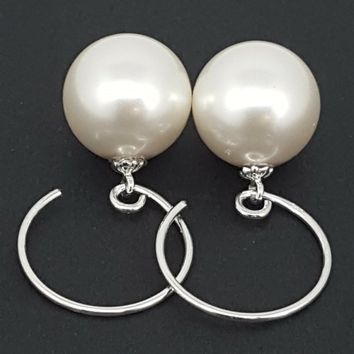 Big 12mm White Pearl Drop Dangle Earrings 925 Sterling Silver Circle Wire Hooks - Picture 3 of 11