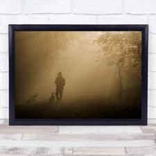 man and dog silhouette nature Adda Italia Fog Fiume light rays forest Print