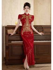 Womens Chinese Cheongsam Evening Dress Tassel Red Sequin Wedding Banquet Dress