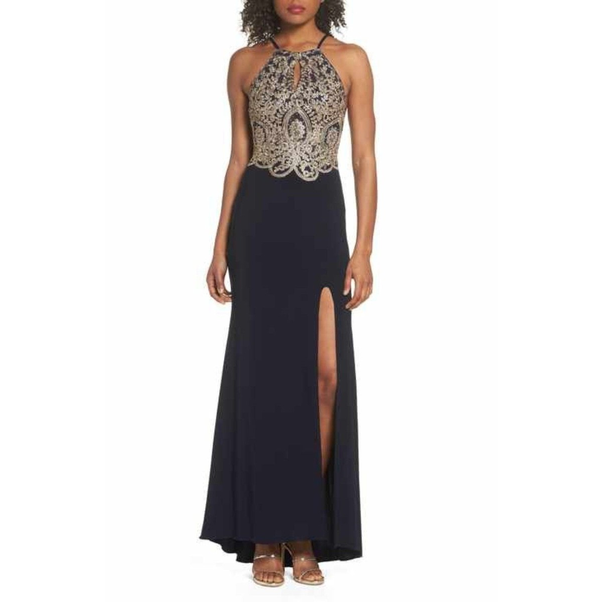 BLONDIE NITES Navy Blue Gold Rhinestone Embellished High Slit Maxi