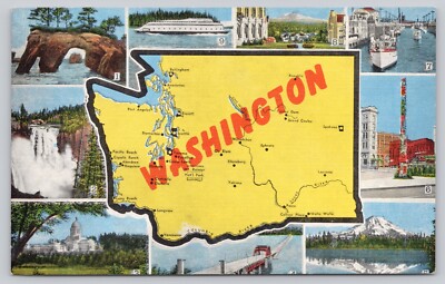 Postcard Washington State Map Showing Sites to See