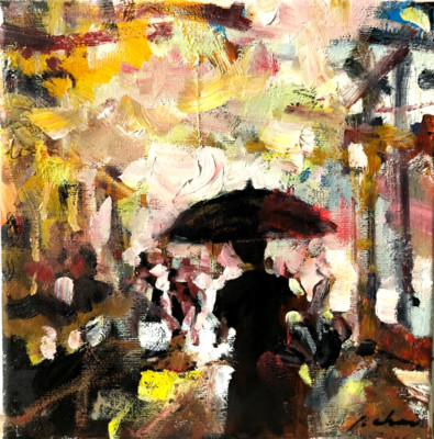 ''Kyoto in the Rain'' 20x20cm Öl auf Leinwand