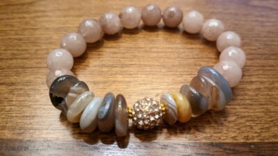 Gorgeous 10mm Botswana Agate Stretch Bracelet Natural Gemstone Pave Ball!