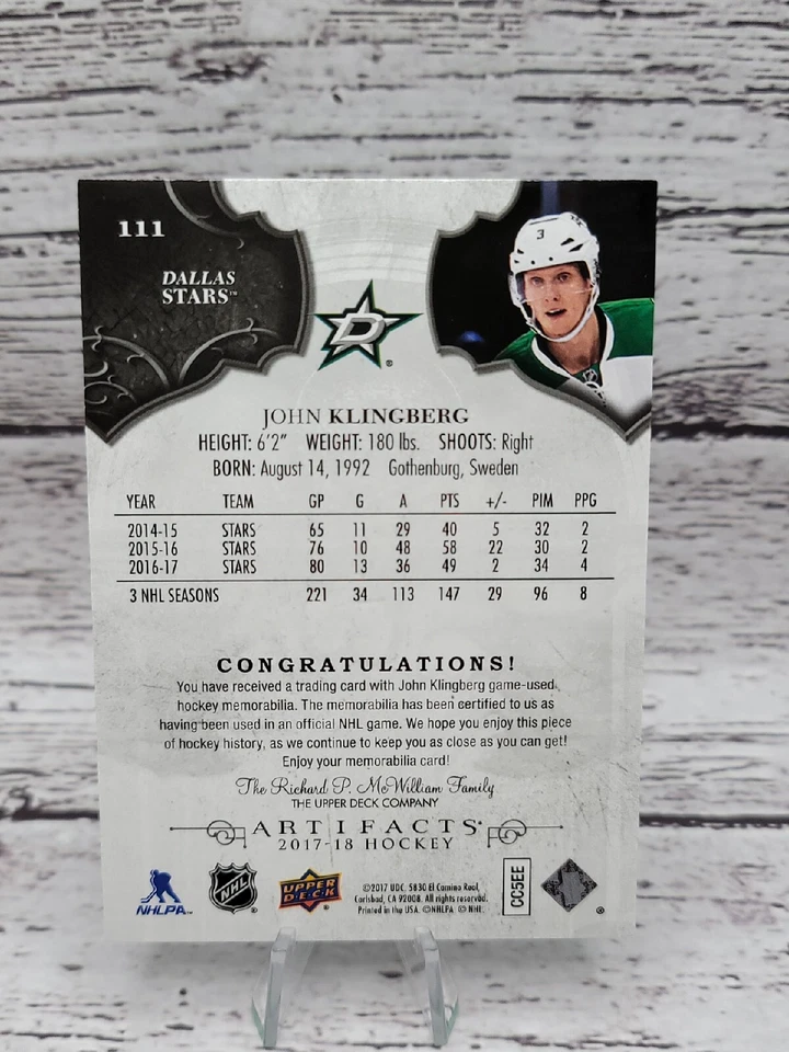 John Klingberg 2017/18 UD Artifacts Emerald Dual Relic 18/99 Card Dallas Stars - Image 2 of 3