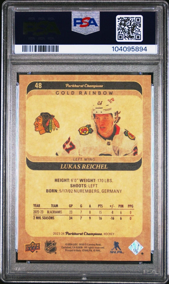 2023-24 Parkhurst Champions - Lukas Reichel #48 Gold Rainbow PSA 10 - Image 2 of 2