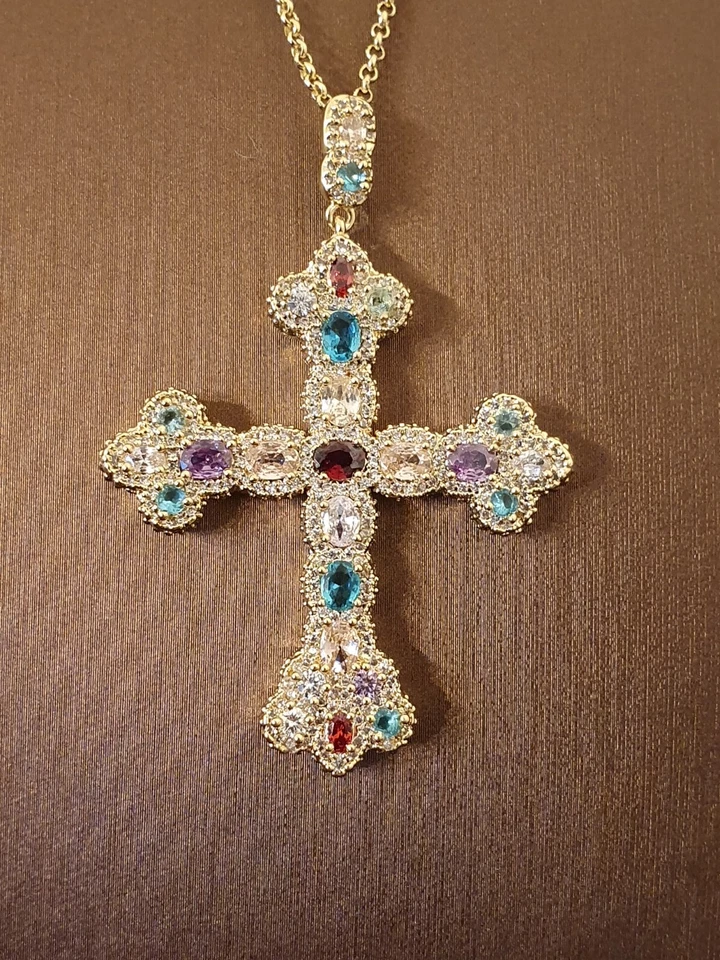Collier "Kreuz" Halskette Anhänger 45+5cm Messing Gelb Vergoldet Zirkonia Kreuz
