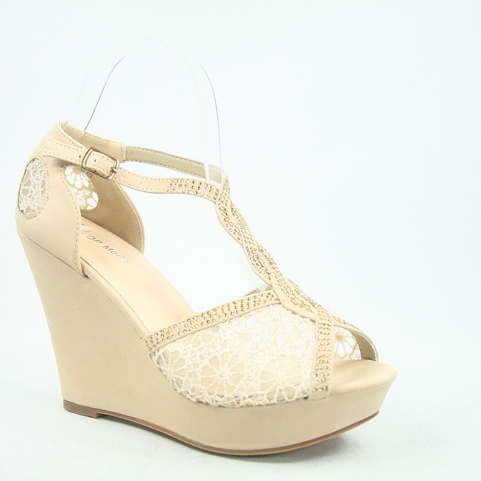 Women's Beige Bridal Lace Mesh Peep Toe Stiletto Wedge Sandal Shoes ...