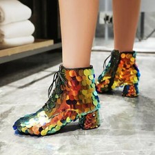 Women  s Bling Glitter Sequins Ankle Boots Performance Shoes Square Toe Casual SZ