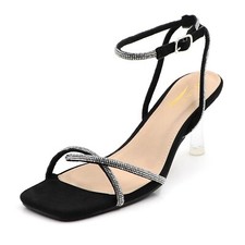 Women's Crystal Rhinestone Ankle Strap Suede Sandals Clear 3 Inch Acrylic Heel