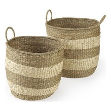 Mercana Bradley Light Brown W/Striped Seagrass Basket W/ Handles in Set Of 2
