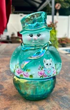 Fenton/Mosser*LE TEAL CARNIVAL "TEACUP KITTY" SNOWMAN FAIRY LIGHT/LAMP*2025 EXC