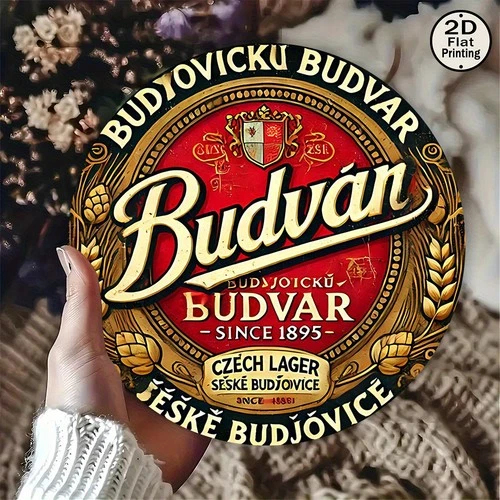 Vintage Budvar Beer Tin Metal Signs- 8x8 Inch Round Tin Sign with