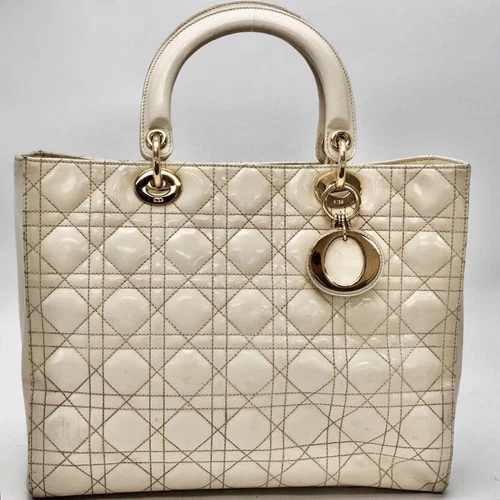 Sac à main Christian Dior cannage cuir émaillé crème vintage authentique du Japon RIN