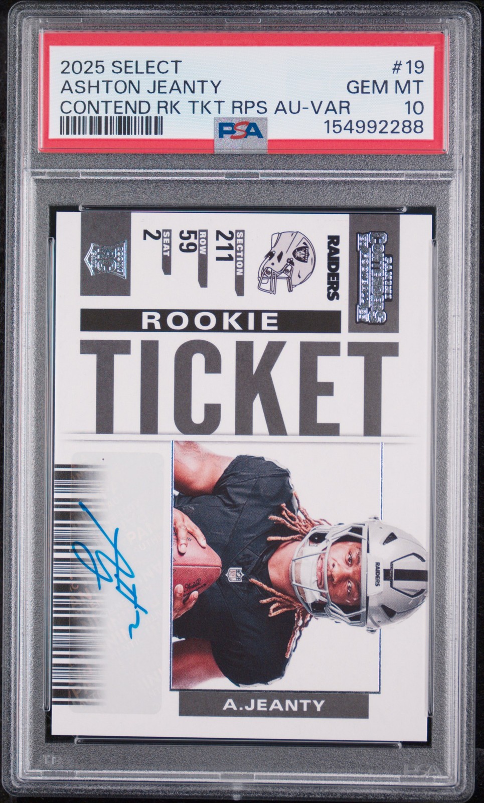 2025 PANINI SELECT CONTENDERS ROOKIE TICKET RPS AUTO #19 ASHTON JEANTY RC PSA 10