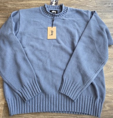 NWT Stussy Surfman Tonal Mock Merino Cotton Knit Sweater Blue Mens