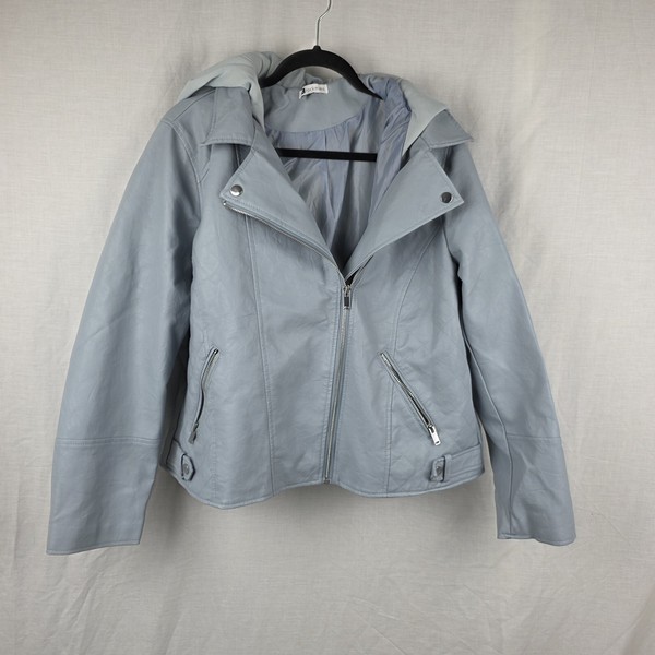 Rockmans Blue Biker Jacket Faux Leather Hooded *no Size Tag* (22" Bust)