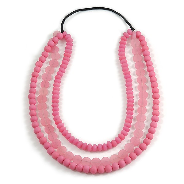 3 Strand Powder Pink Resin Bead Black Cord Necklace - 80cm L - Chunky