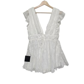 NWT Lulus White Burnout Lace Ruffle Plunge Neck Tie Waist Mini Dress Size Large