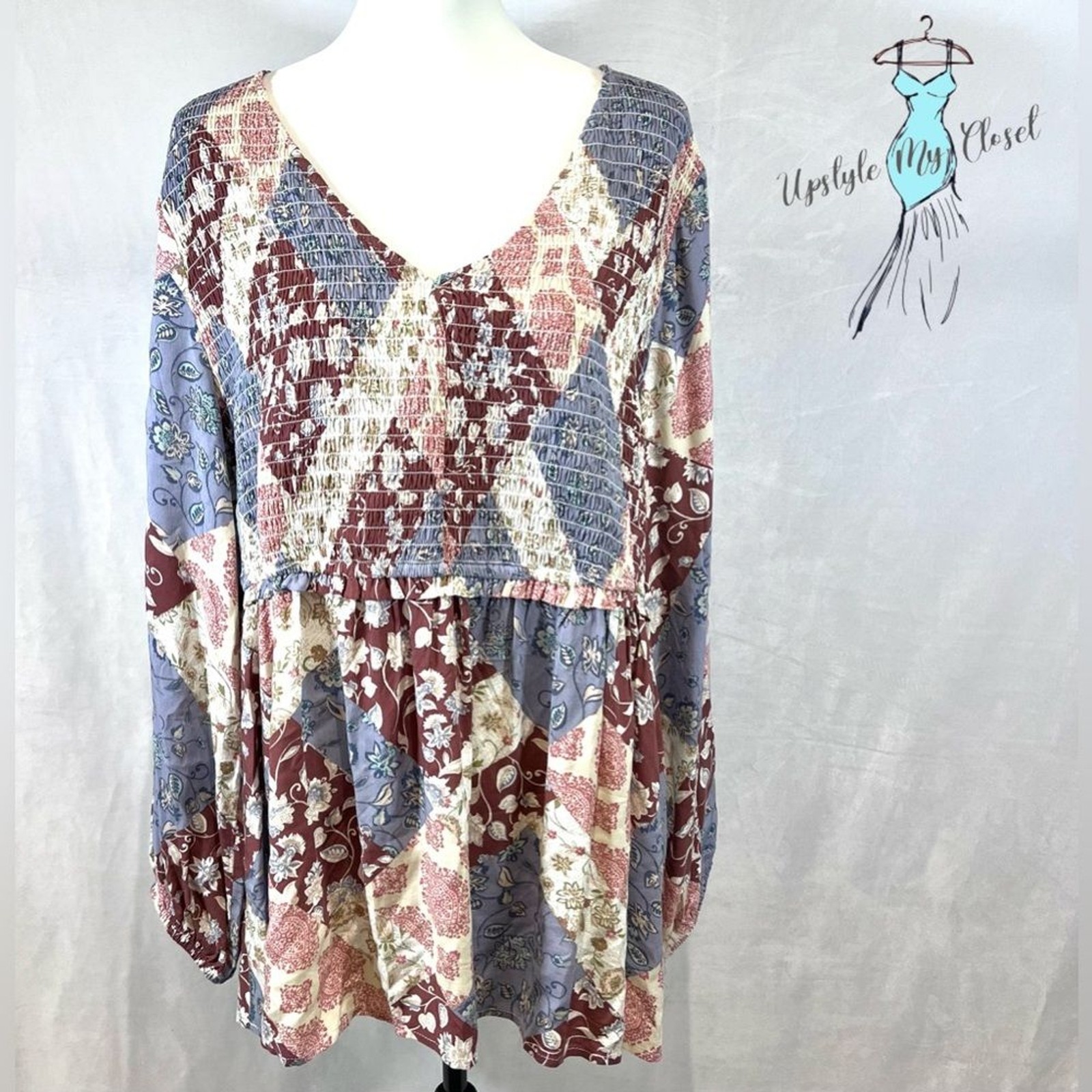 Maurice’s plus long sleeve boho patchwork smocked… - image 3