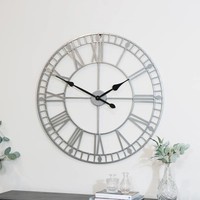 Extra large vintage silver retro wall mounted clock Roman numeral display gift